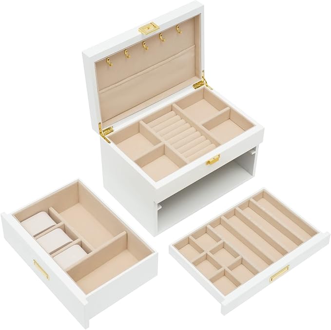 3 Layers Jewelry Storage Box with 2 Drawers, Large Wooden Jewelry Box for Women and Girls Necklace Ring Watch Organizer, White