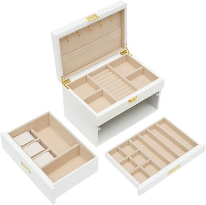 3 Layers Jewelry Storage Box with 2 Drawers, Large Wooden Jewelry Box for Women and Girls Necklace Ring Watch Organizer, White