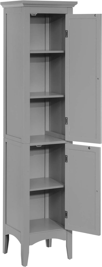 Teamson Home Glancy Tall Slim Freestanding Double Tier Floor Linen Cabinet with 1 Adjustable and 3 Fixed Interior Shelves 5 Storage Spaces and 2 Louvered Doors, Gray