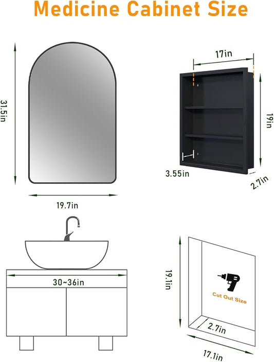 19.7"x31.5" Black Medicine Cabinet with Mirror, Arched Medicine Cabinet with Mirror for Bathroom Vanity Wall Mounted & Recessed with 1 Organizer, 2 Stable and Removable Shelves, Easy Installation