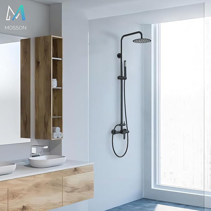Shower System Matte Black Outdoor Shower Fixtures with 8" Rain Shower Head Handheld Sprayer Single Handle 304 Stainless Steel Wall Mounted Shower Shower Faucet Combo for Bathroom or Backyard
