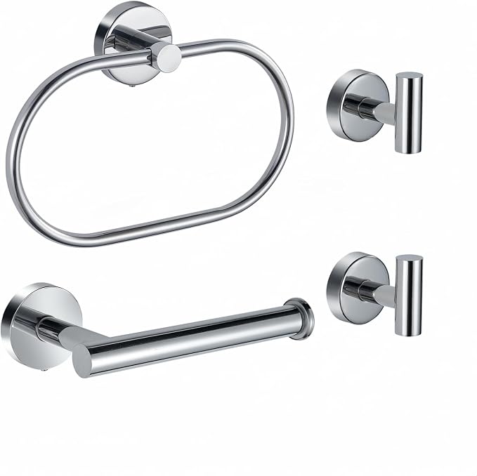 Bathroom Hardware Set Includes Towel Ring, Toilet Paper Holder and 2 Towel Hooks, SUS304 Stainless Steel Modern Wall-Mounted Bathroom Set, Rustproof Bathroom Fitting Set (Chrome)