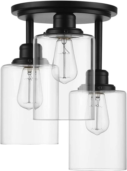 Globe Electric 65456 3-Light Flush Mount Ceiling Light, Industrial Tiered Matte Black Fixture, E26 Base, Dimmable