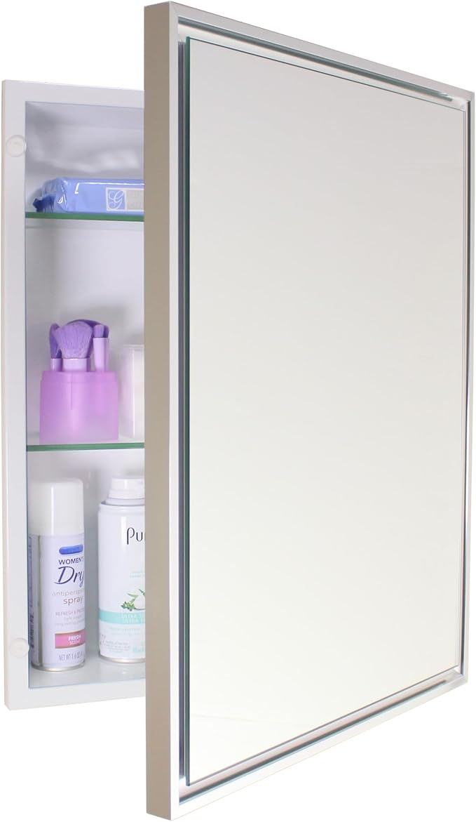Fox Hollow Furnishings 16x20 Parker Metro Metal Framed Rectangle Recessed Bathroom Medicine Cabinet, Floating Mirror, 14x24 in-Wall Opening, Steel, Adjustable Glass Shelves, Magnet Close, Chrome
