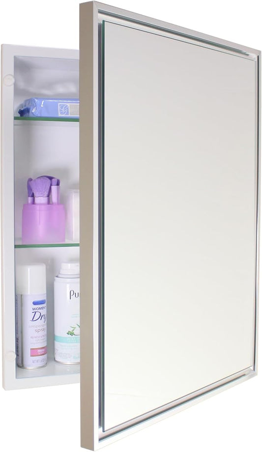 Fox Hollow Furnishings 16x20 Parker Metro Metal Framed Rectangle Recessed Bathroom Medicine Cabinet, Floating Mirror, 14x24 in-Wall Opening, Steel, Adjustable Glass Shelves, Magnet Close, Chrome