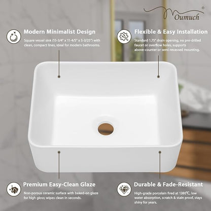 Vessel Sink 16"W x12"D Rectangle Bathroom Sink Above Counter | White Porcelain Ceramic Modern Vessel Sinks Vanity Art Basin for Bathroom Countertop