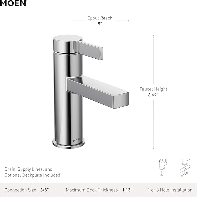 Moen Beric Chrome Modern One-Handle Single Hole Bathroom Faucet with Drain Assembly and Optional Deckplate for your Bath Sink, 84774