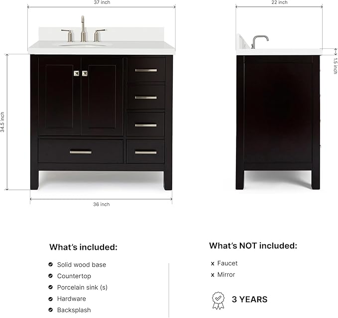 ARIEL Cambridge 36-inch Bathroom Vanity with Sink,Solid Wood, 1.5-inch Pure White Quartz Countertop & Backsplash, Single Oval Porcelain Sink, 2 Soft Closing Doors, 5 Dovetail Drawers, Espresso