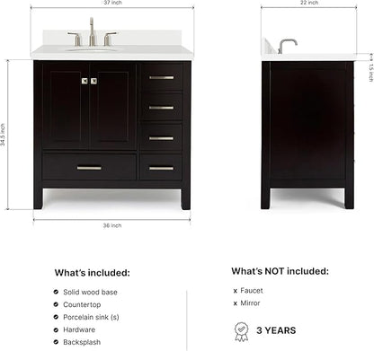 ARIEL Cambridge 36-inch Bathroom Vanity with Sink,Solid Wood, 1.5-inch Pure White Quartz Countertop & Backsplash, Single Oval Porcelain Sink, 2 Soft Closing Doors, 5 Dovetail Drawers, Espresso
