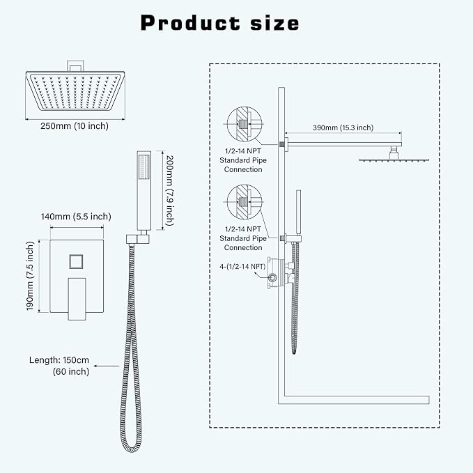 10 Inch Shower Faucet Set,Silver Shower System With Handheld | High Pressure Head with Shower Trim Kit & Handheld Shower Valve,Multi-function Rainfall,Rain Shower & Handheld Spray Combo