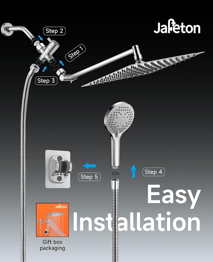 10 Inch Rainfall Shower Head with Handheld Combo and Extension Arm | Large rainfall shower head set with handheld sprayer, 11 inch adjustable arm, 59 inch hose, standard 1/2 inch wall connection