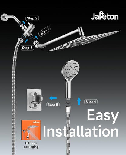 10 Inch Rainfall Shower Head with Handheld Combo and Extension Arm | Large rainfall shower head set with handheld sprayer, 11 inch adjustable arm, 59 inch hose, standard 1/2 inch wall connection