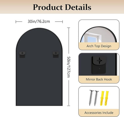 COFENY Arched Mirror, 30’’x50’’ Black Arch Mirror for Bathroom, Arched Bathroom Mirror with Frame, Modern Wall Mounted Mirror for Over Sink Mantle Bedroom Vanity Living Room Entryway