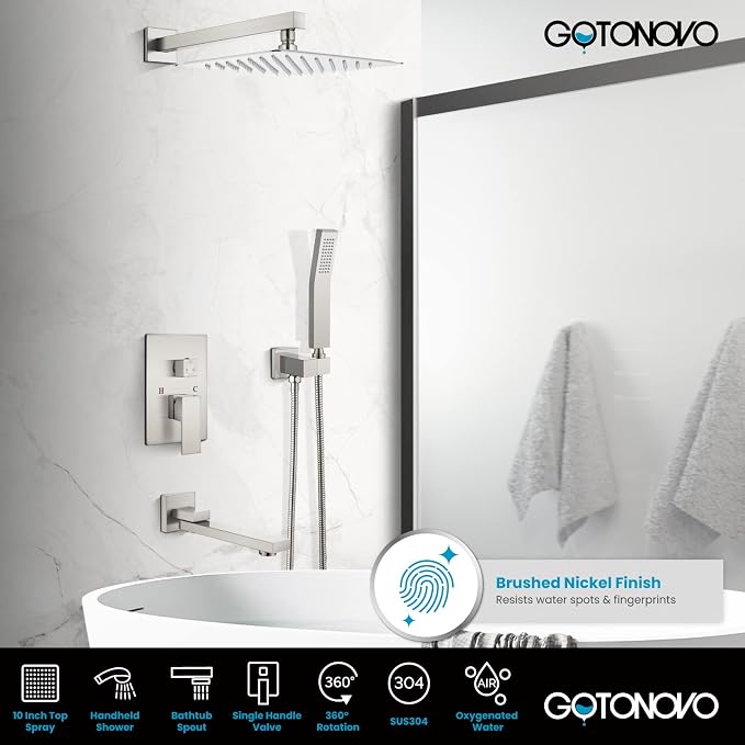 gotonovo Tub Shower Faucet Set with Valve Kit 10’’ Head,Brushed Nickel | Shower System with Tub Spout,SUS304 Rain Head with Handheld Sprayer,Swivel Spout,All Metal,Rough-In Valve Trim Kit,Wall Mount