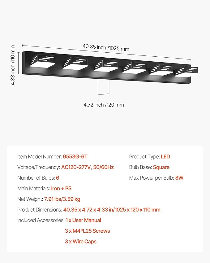 VEVOR 6-Light LED Modern Vanity Light Fixtures, 40.35-Inch, Black Finish Bathroom Wall Lighting Fixture Over Mirror, with IP44 Waterproof, for Bathroom, Living Room, Bedroom, Hallway, Cool White 6000K