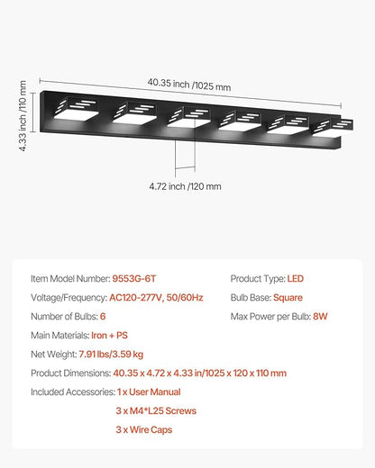 VEVOR 6-Light LED Modern Vanity Light Fixtures, 40.35-Inch, Black Finish Bathroom Wall Lighting Fixture Over Mirror, with IP44 Waterproof, for Bathroom, Living Room, Bedroom, Hallway, Cool White 6000K