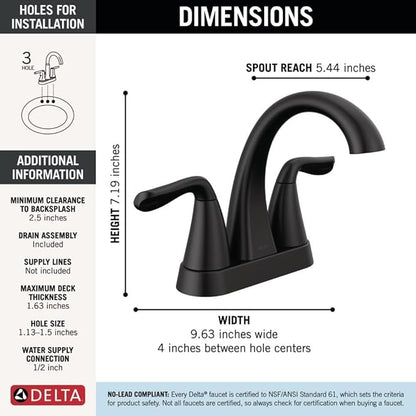 Delta Arvo Centerset Bathroom Faucet, Matte Black 2-Handle Bathroom Faucet, Delta Bathroom Sink Faucet, Black 3-Hole Bathroom Faucet, Matte Black 25840LF-BL