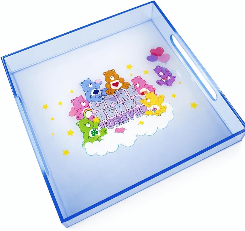 Care Bears Acrylic Square Table Top Decorative Serving Tray with Carry Handles for Bathroom, Desktop, Vanity, Kitchen, Table, 8"x7.85"