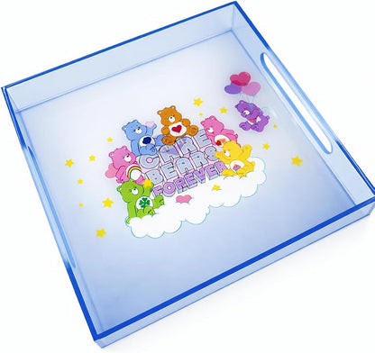 Care Bears Acrylic Square Table Top Decorative Serving Tray with Carry Handles for Bathroom, Desktop, Vanity, Kitchen, Table, 8"x7.85"