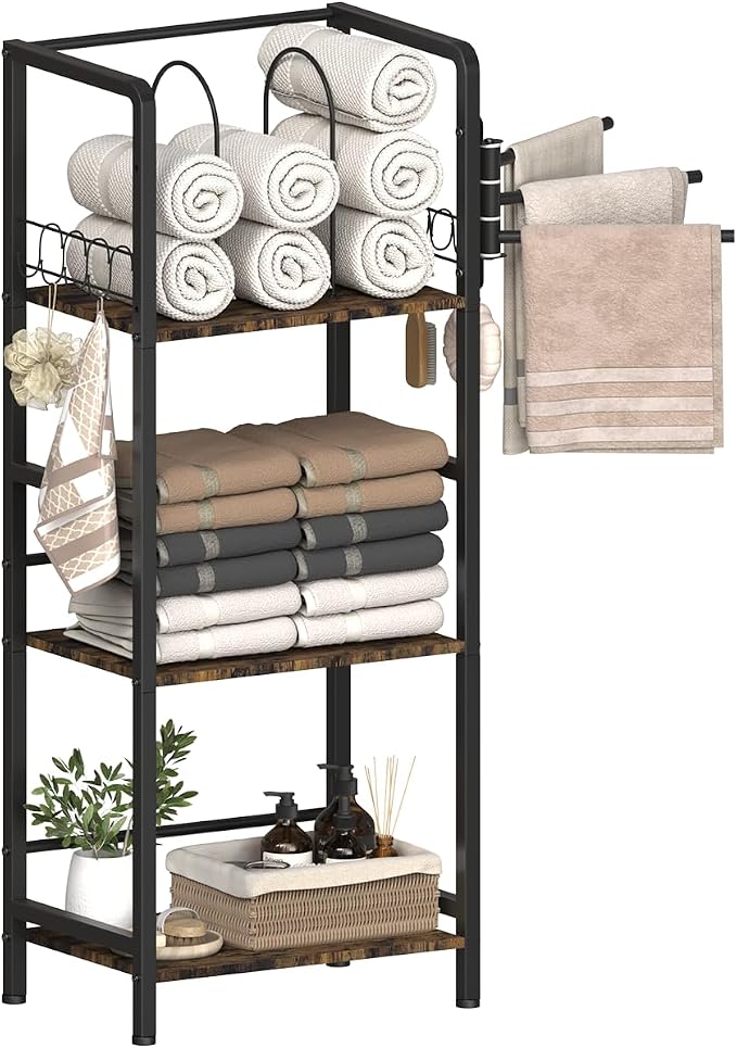 Mondazie Towel Racks for Bathroom Storage Shelves Free Standing, Black | 3-Tier Bathroom Towel Rack with 3 Rotating Bars, Pool Towel Holder Stand with Detachable Dividers & 8 Hooks for Poolside