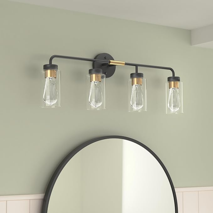 zeyu Farmhouse 4-Light Bathroom Vanity Light, 30 Inch Bathroom Lights Over Mirror, Black and Gold Finish with Clear Glass, ZS62B-4W BK+BG