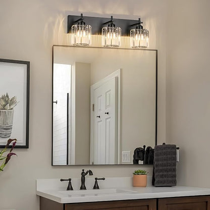 Black Crystal Bathroom Vanity Lights, Modern 3-Lights Bathroom Lighting Fixtures Over Mirror, Crystal Wall Lighting with Round Shade