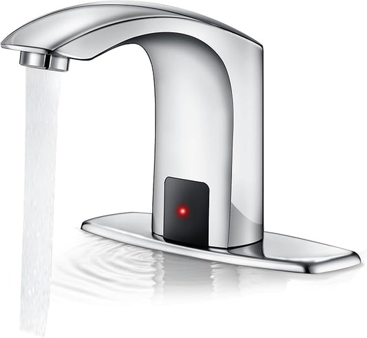Automatic Touchless Bathroom Sink Faucet Sensor Motion Activated Commercial Faucets Hands Free Infrared Residential Elegant Basin Tap with Deck Plate Water Mixer Valve Control Box (Chrome)