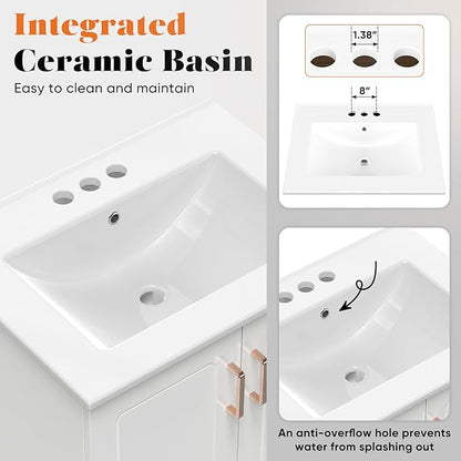 Sweetcrispy 24" Modern Bathroom Vanity with Ceramic Basin, Undermount Vanity Sink Cabinet with 2 Doors and 1 Drawer, Free Standing Bathroom Storage Cabinet with Sink Combo Set, Ivory