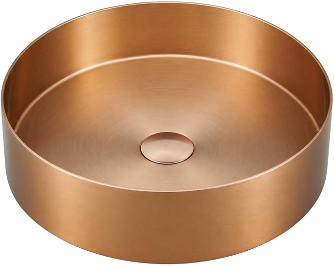 Round Metal Bathroom Vessel Sink: 16" Modern Lavatory Basin - Rose Gold | Above Counter Vanity Washbasin with Stainless Steel PVD Nano Coating Pop Up Drain for Home Hotel Office Toilet Renovation