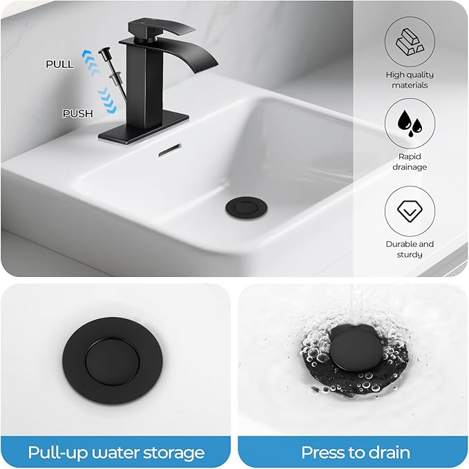 Matte Black Bathroom Faucet with Lift Rod Drain, Waterfall Bathroom Sink Faucet Modern Single Handle Bathroom Faucte 1 or 3 Hole, RV Mixer Tap Vanity Faucet Washbasin Faucet with Deck