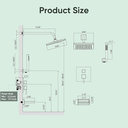 Esnbia Bathtub Shower Faucet Set, Rain Shower System with Tub Spout, 10 Inches Shower Heads with Handheld Spray Combo, Wall Mounted Shower Fixtures with Shower Valve kit, Chrome