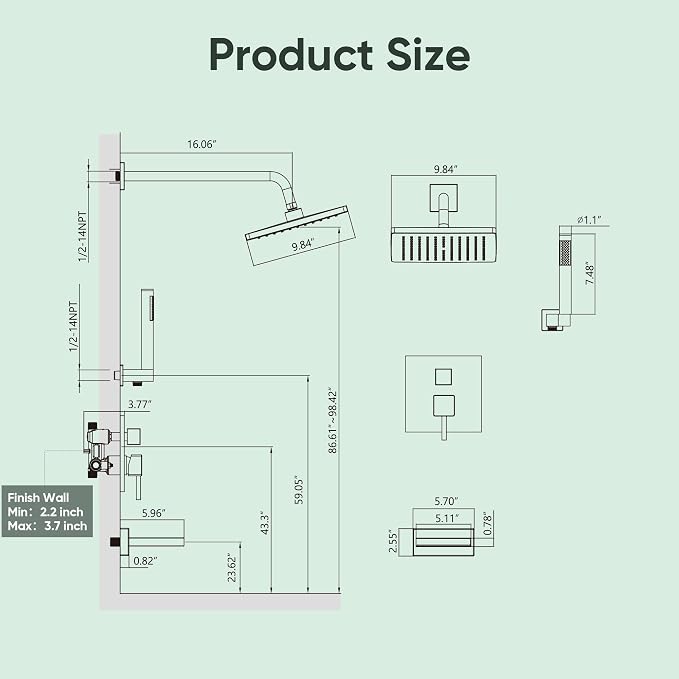Esnbia Shower System with Tub Spout, Wall Mounted Bathtub Shower Faucet Set, 10 Inch Rain Shower Head and Handheld Shower Head Set, High Pressure Tub Shower Kit with Shower Valve, Brushed Nickel