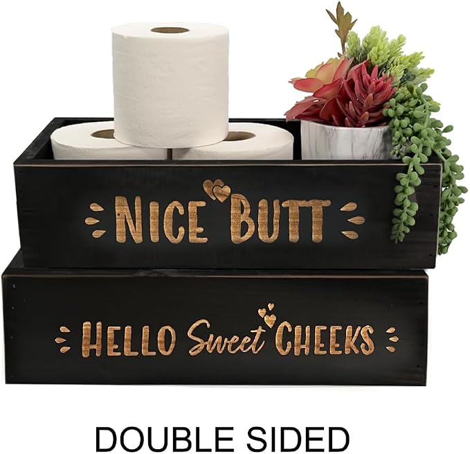 Admired by Nature Hello Sweet Cheeks Solid Wood Toilet Paper Holder, Farmhouse Décor, Toilet Paper Storage, Bathroom Accessories, Bathroom Décor, for Home Décor Bathroom Organizer (Black)