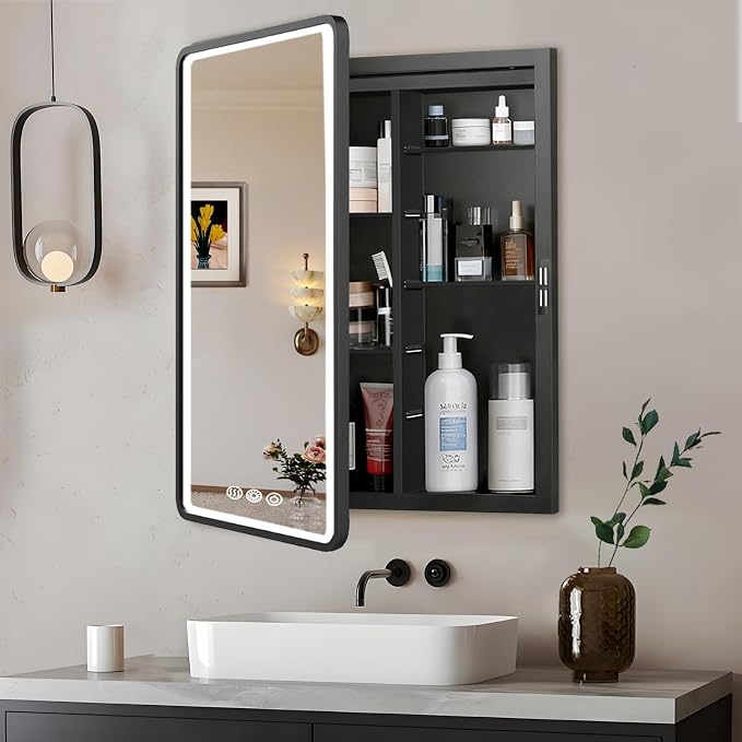 LED Medicine Cabinet with Mirror 20x26 inch, Lighted Cabinet Mirror for Bathroom Storage, Anti-Fog, 3 Colors Dimmable, Black Metal Frame with Adjustable Shelves, Wall Mount or Recessed
