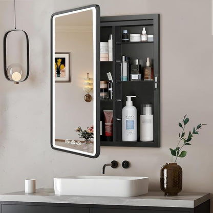 LED Medicine Cabinet with Mirror 20x26 inch, Lighted Cabinet Mirror for Bathroom Storage, Anti-Fog, 3 Colors Dimmable, Black Metal Frame with Adjustable Shelves, Wall Mount or Recessed
