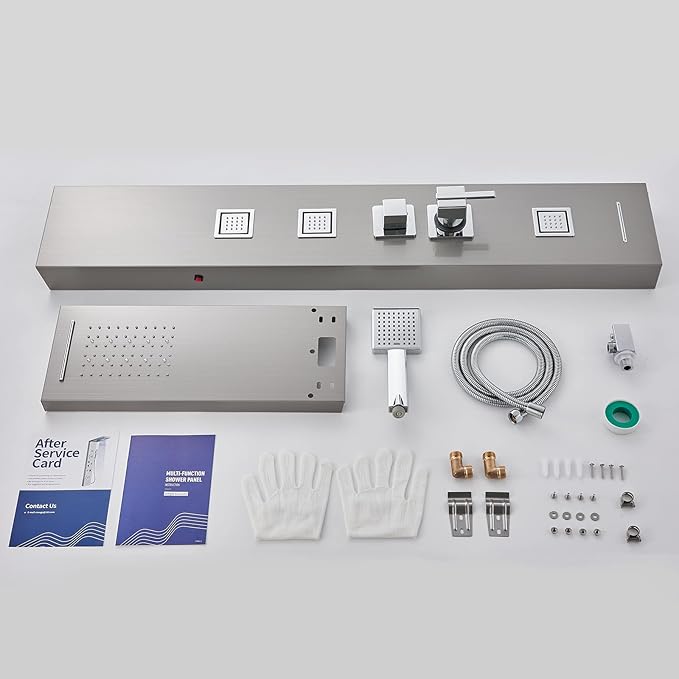 MENATT Shower Panel Tower System with LED Lights, 5 In 1 Shower Panel with Rainfall and Waterfall Shower Head, 3 pcs Massage Spray, Handheld Shower, Waterfall Tub Spout