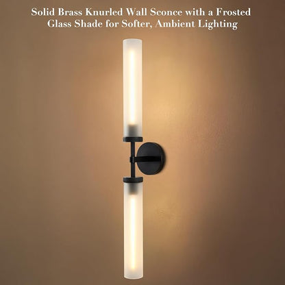 30" 2 Lights Hardwired Frosted Glass Bathroom Wall Sconces, Handmade Knurled Black Wall Light Fixture,Modern Vanity Light for Living Room,Hallway, Bedroom, Indoor Wall Lamp, Bulb Included