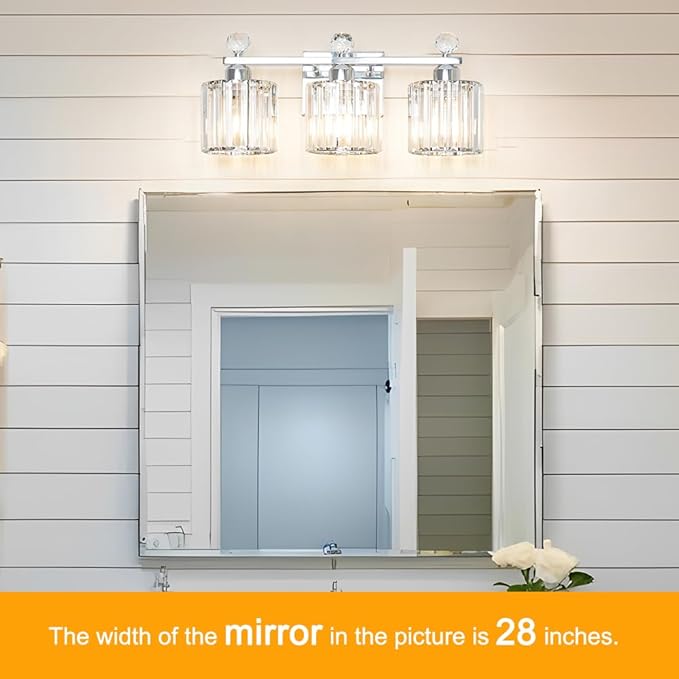 Modern Crystal Bathroom Vanity Light, 3-Lights Bathroom Light Fixtures, Chrome Vanity Light Fixtures over Mirror, Easy Installation & Dimmable Lighting, Crystal Wall Light Fixtures for Bathroom