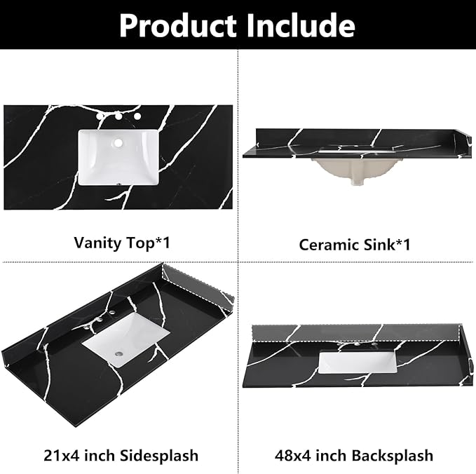 48 in. W x 22 in D Quartz Vanity Top in Black Marquina,with One Sidesplash & One Backsplash, Vanity Sink Top with Assembled Single Drop-in Sink, Pre-Drilled 8 Inch Faucet Hole Countertop