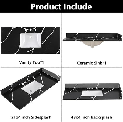 48 in. W x 22 in D Quartz Vanity Top in Black Marquina,with One Sidesplash & One Backsplash, Vanity Sink Top with Assembled Single Drop-in Sink, Pre-Drilled 8 Inch Faucet Hole Countertop