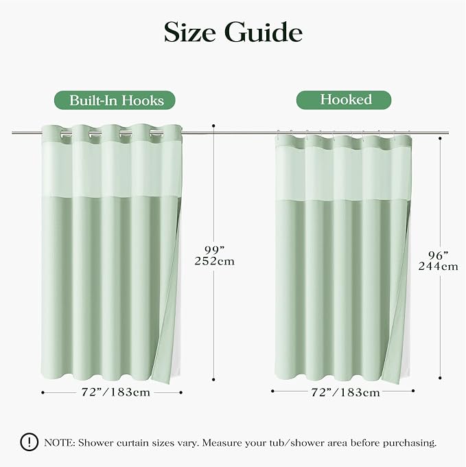 Mint Green Hook Free Waffle Shower Curtain & Snap-in Liner,72x99 | Less Time to install, 3 in 1 Fabric Shower Curtain and Liner Set with Magnets, Extra Long, Shower Curtains for Bathroom