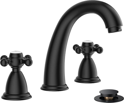 FORIOUS Bathroom Sink Faucet 8 Inch, Matte Black Bathroom Faucet 3 Hole with Pop Up Drain and Water Hose Supply, 2 Crosse Handle Design,for Vanity RV Farmhouse Sink