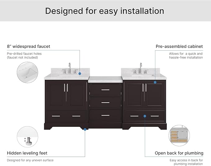 ARIEL Stafford 84-inch Bathroom Vanity with Sink,Solid Wood, 1.5in Italian Carrara Marble Countertop, Double Rectangular Porcelain Sink, 4 Soft Closing Doors, 5 Dovetail Drawers, Espresso