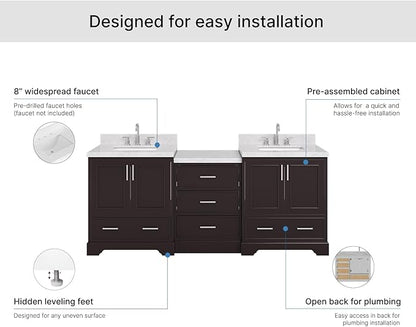 ARIEL Stafford 84-inch Bathroom Vanity with Sink,Solid Wood, 1.5in Italian Carrara Marble Countertop, Double Rectangular Porcelain Sink, 4 Soft Closing Doors, 5 Dovetail Drawers, Espresso