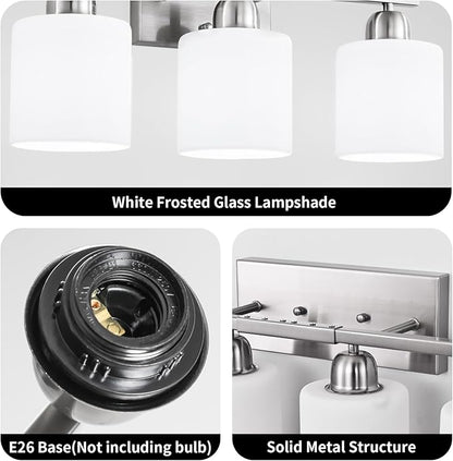 Brushed Nickel Light Fixture Bathroom for Huge Mirror, 8 Light Mirror Lights with Milky White Frosted Glass Shades, 51 inch Bathroom Mirror Lights for Mirrorss, E26 Socket