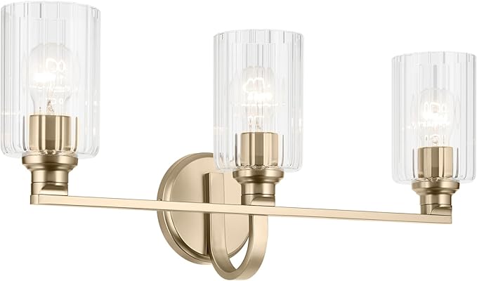 Kichler Gioe 24.25" 3-Light Vanity Light with Clear Fluted Glass in Champagne Bronze, Damp Rated, for Bathroom, Powder Room, Over a Mirror, (24.25" W x 10.5" H), 55226CPZFLU