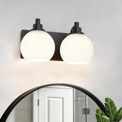 IZORRO Bathroom Light Fixtures, 2-Light Matte Black Vanity Light, Modern Wall Sconces with Globe Milk White Glass Shade, Vanity Lighting Fixtures Over Mirror,E26 Bulb Socket