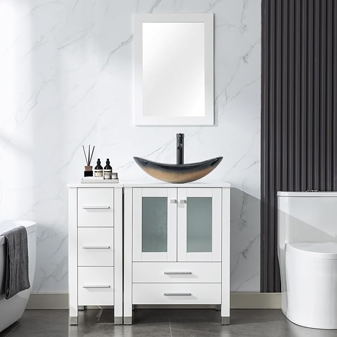 LUCKWIND 36" Bathroom Vanity with Sink Combo, 24-inch Main Cabinet with 12.6-inch Side Cabinet, Painted Bathroom Storage Cabinet with 5 Drawers, Including Champagne Boat Sink Without Mirror, White