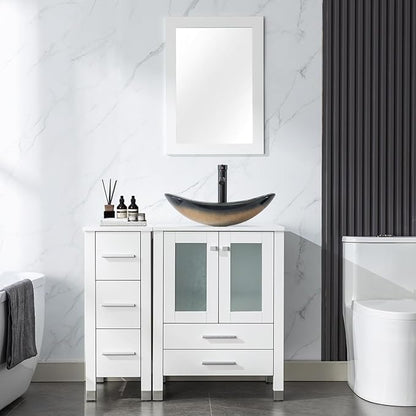 LUCKWIND 36" Bathroom Vanity with Sink Combo, 24-inch Main Cabinet with 12.6-inch Side Cabinet, Painted Bathroom Storage Cabinet with 5 Drawers, Including Champagne Boat Sink Without Mirror, White