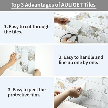 AULIGET 4-Piece Polished White Marble with Gold Peel and Stick Backsplash Wall Tiles, 3" x 12" PVC Faux Stone Stick on Tiles for Backsplash Kitchen, Bathroom, Laundry Room, Camper, Fireplace